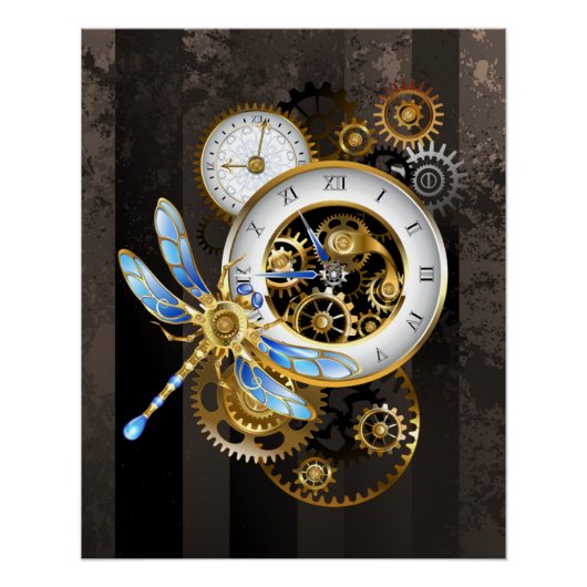 Steampunk-klok met mechanische dragonfly perfect poster (Voorkant)