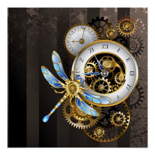 Steampunk-klok met mechanische dragonfly perfect poster (Voorkant)