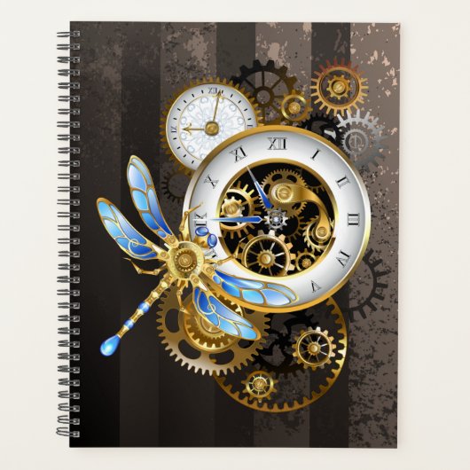Steampunk-klok met mechanische dragonfly planner (Voorkant)
