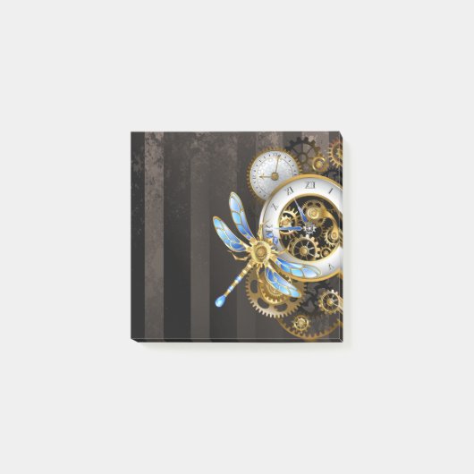 Steampunk-klok met mechanische dragonfly post-it® notes (Voorkant)