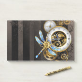 Steampunk-klok met mechanische dragonfly post-it® notes (Op bureau)