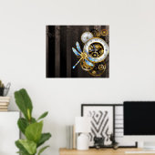 Steampunk-klok met mechanische dragonfly poster (Thuiskantoor)