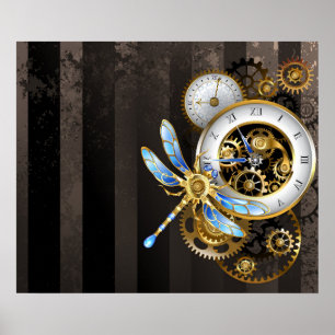 Steampunk-klok met mechanische dragonfly poster