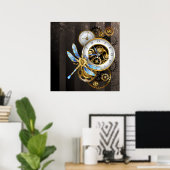 Steampunk-klok met mechanische dragonfly poster (Thuiskantoor)