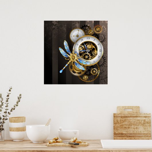 Steampunk-klok met mechanische dragonfly poster (Keuken)