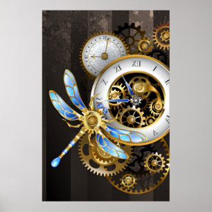 Steampunk-klok met mechanische dragonfly poster