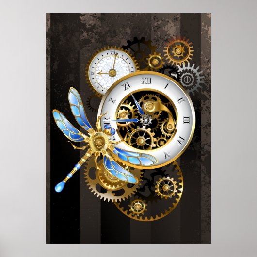 Steampunk-klok met mechanische dragonfly poster (Voorkant)