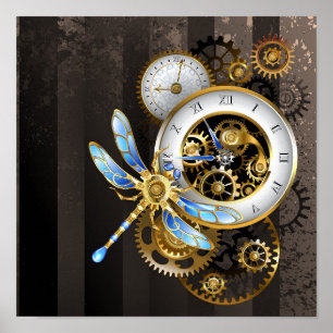 Steampunk-klok met mechanische dragonfly poster