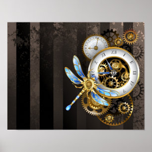 Steampunk-klok met mechanische dragonfly poster