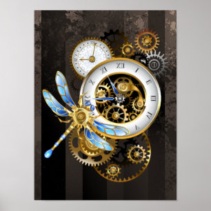 Steampunk-klok met mechanische dragonfly poster