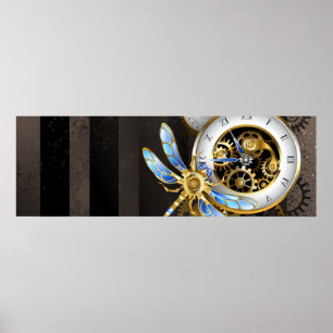Steampunk-klok met mechanische dragonfly poster
