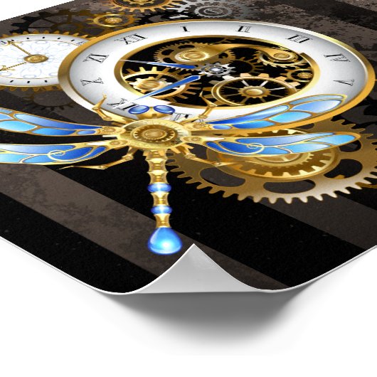 Steampunk-klok met mechanische dragonfly poster (Hoek)