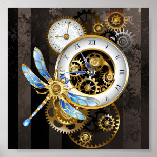 Steampunk-klok met mechanische dragonfly poster