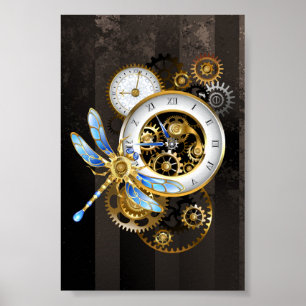 Steampunk-klok met mechanische dragonfly poster