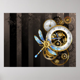 Steampunk-klok met mechanische dragonfly poster