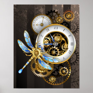 Steampunk-klok met mechanische dragonfly poster