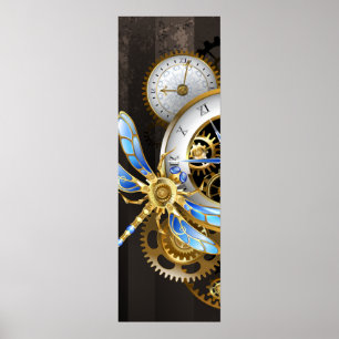 Steampunk-klok met mechanische dragonfly poster