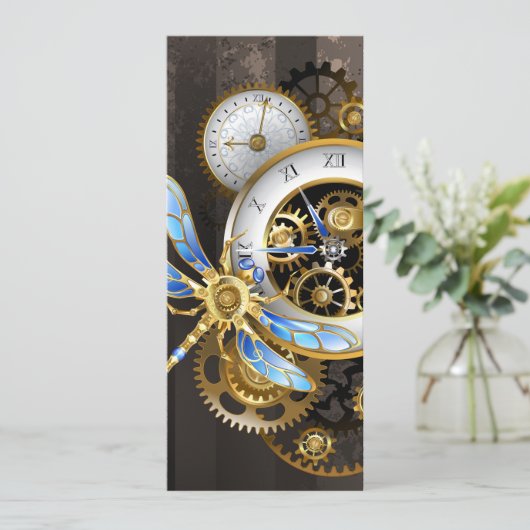 Steampunk-klok met mechanische dragonfly programmakaart (Staand voorkant)