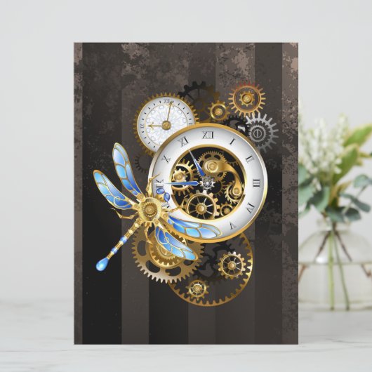 Steampunk-klok met mechanische dragonfly programmakaart (Staand voorkant)