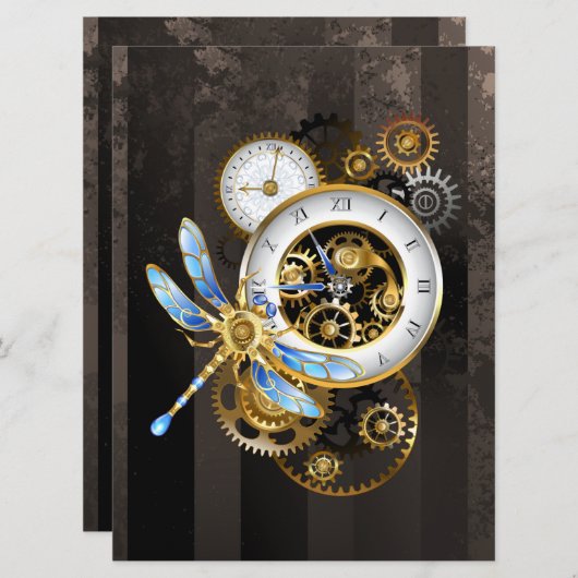 Steampunk-klok met mechanische dragonfly programmakaart (Voorkant / Achterkant)