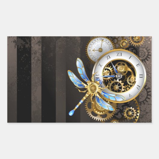 Steampunk-klok met mechanische dragonfly rechthoekige sticker (Voorkant)