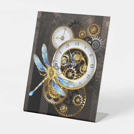Steampunk-klok met mechanische dragonfly reclamebord met voetstuk (Voorkant)