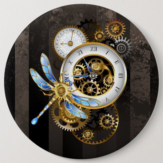 Steampunk-klok met mechanische dragonfly ronde button 6,0 cm (Voorkant)