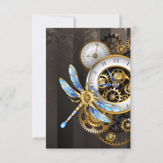 Steampunk-klok met mechanische dragonfly RSVP kaartje (Voorkant)