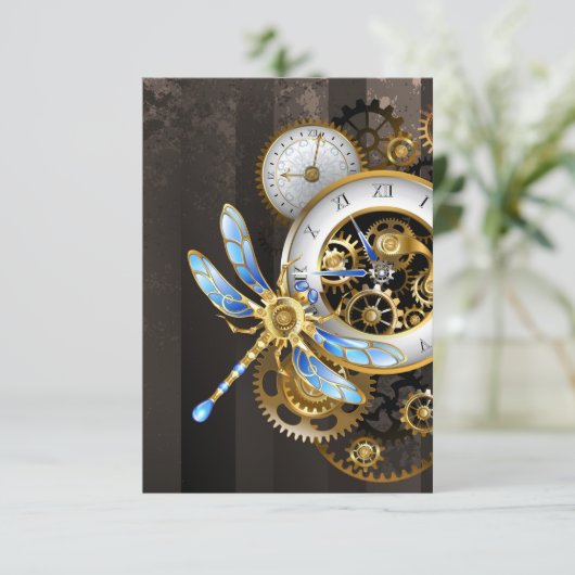 Steampunk-klok met mechanische dragonfly RSVP kaartje (Staand voorkant)