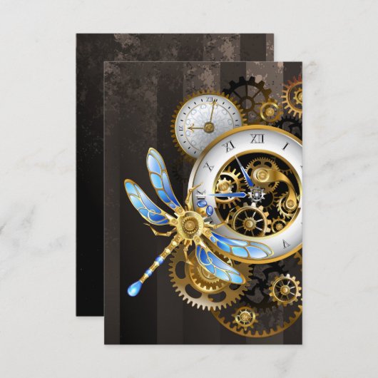 Steampunk-klok met mechanische dragonfly save the date (Voorkant / Achterkant)