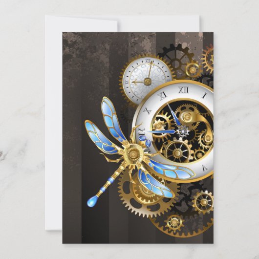 Steampunk-klok met mechanische dragonfly save the date (Voorkant)