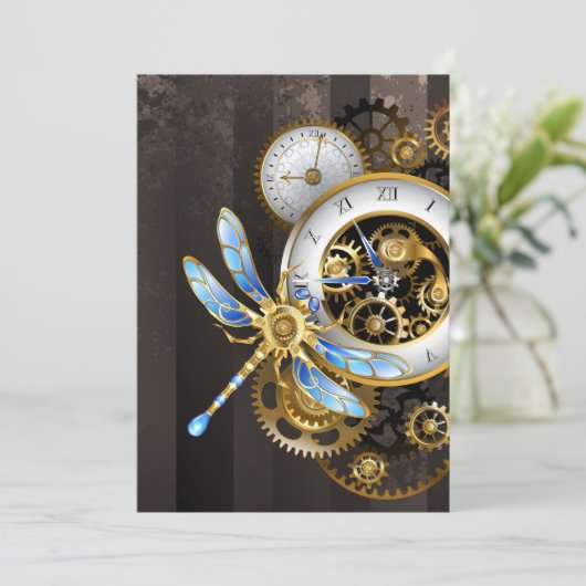 Steampunk-klok met mechanische dragonfly save the date (Staand voorkant)