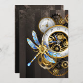 Steampunk-klok met mechanische dragonfly save the date (Voorkant / Achterkant)