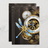 Steampunk-klok met mechanische dragonfly save the date (Voorkant / Achterkant)