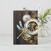 Steampunk-klok met mechanische dragonfly save the date (Staand voorkant)