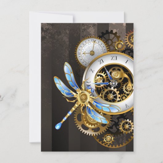 Steampunk-klok met mechanische dragonfly save the date (Voorkant)