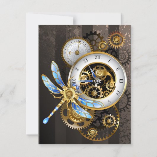 Steampunk-klok met mechanische dragonfly save the date (Voorkant)