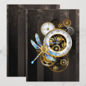 Steampunk-klok met mechanische dragonfly save the date (Voorkant / Achterkant)