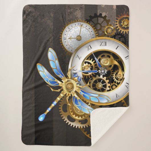 Steampunk-klok met mechanische dragonfly sherpa deken (Voorkant)