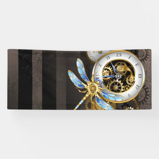 Steampunk-klok met mechanische dragonfly spandoek (Horizontaal)