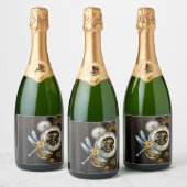 Steampunk-klok met mechanische dragonfly sparkling wijnetiket (Flessen)