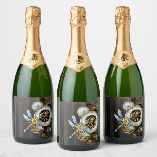 Steampunk-klok met mechanische dragonfly sparkling wijnetiket (Flessen)