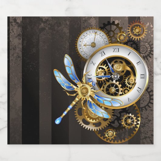Steampunk-klok met mechanische dragonfly sparkling wijnetiket (Enkel label)