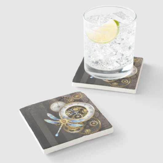 Steampunk-klok met mechanische dragonfly stenen onderzetter (Zijkant)