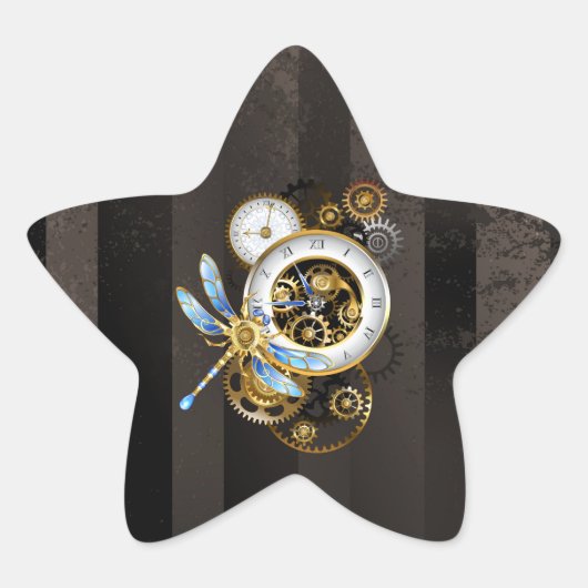 Steampunk-klok met mechanische dragonfly ster sticker (Voorkant)