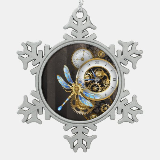 Steampunk-klok met mechanische dragonfly tin sneeuwvlok ornament (Voorkant)
