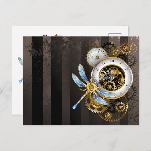 Steampunk-klok met mechanische dragonfly uitnodiging briefkaart (Voorkant / Achterkant)