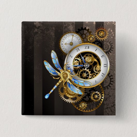 Steampunk-klok met mechanische dragonfly vierkante button 5,1 cm (Voorkant)