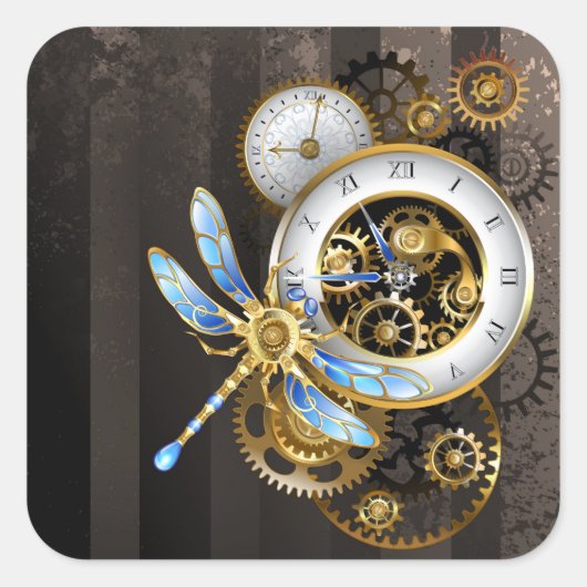 Steampunk-klok met mechanische dragonfly vierkante sticker (Voorkant)