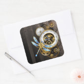Steampunk-klok met mechanische dragonfly vierkante sticker (Envelop)